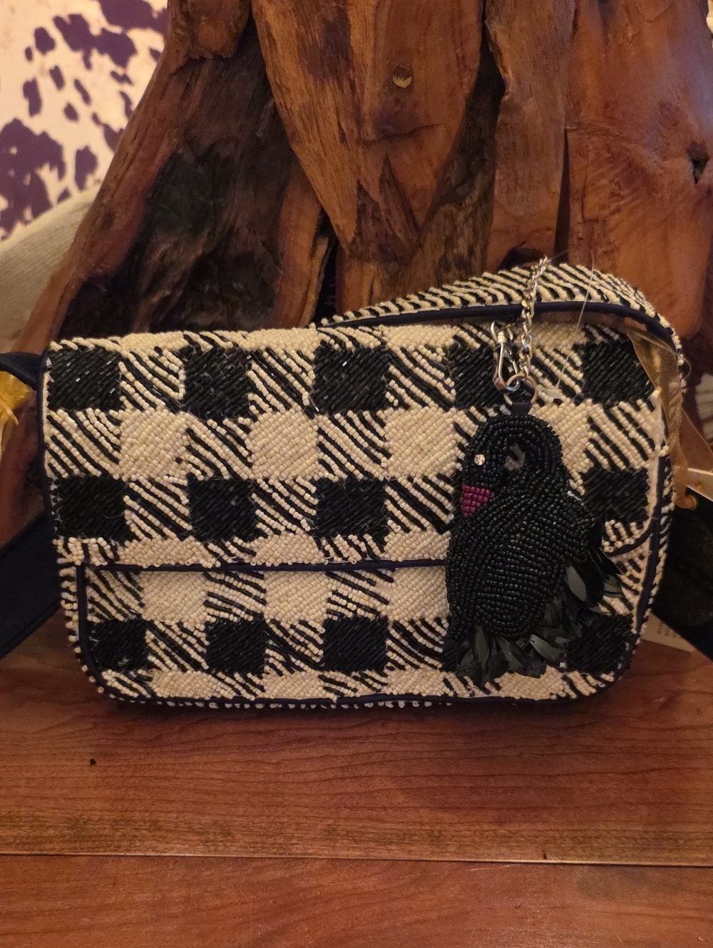 Black & White Checkered Beaded Crossbody Bag with Bird Charm